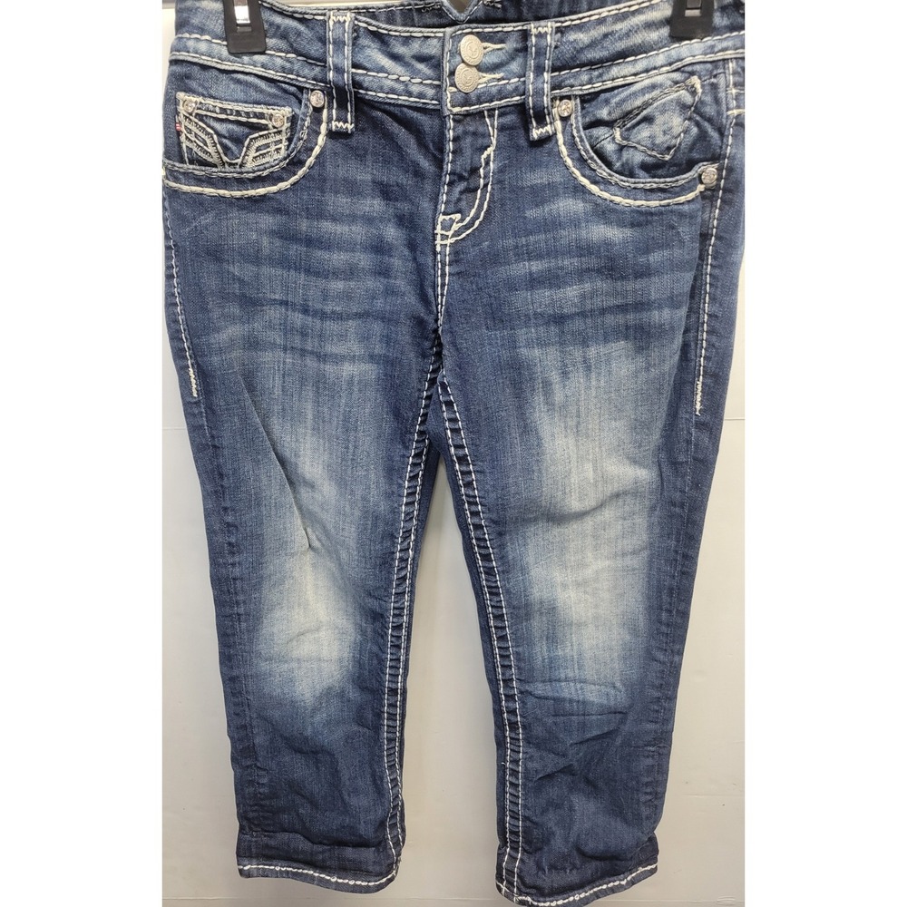 VIGOSS Blue Denim Capri Jeans Embellished Pockets White Stitching Size 3/4